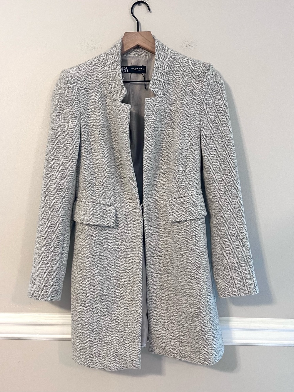 Zara Women’s Herringbone Grey Long Line Blazer Coat Size S 5 Light Gray